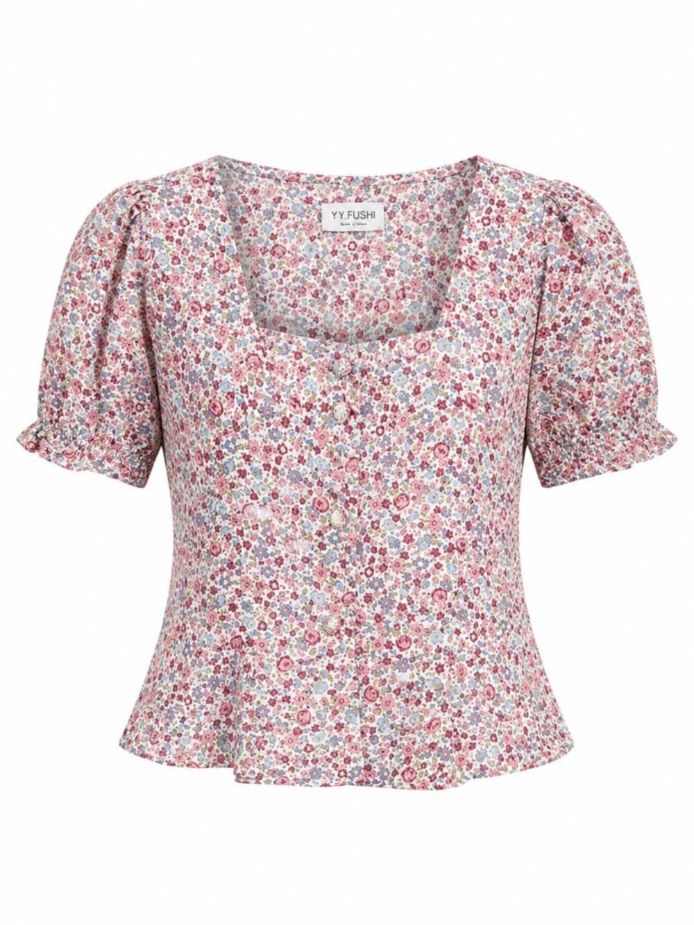 Cottagecore Puff Sleeve Square Neck Floral Print Decorative Buttons Top Small